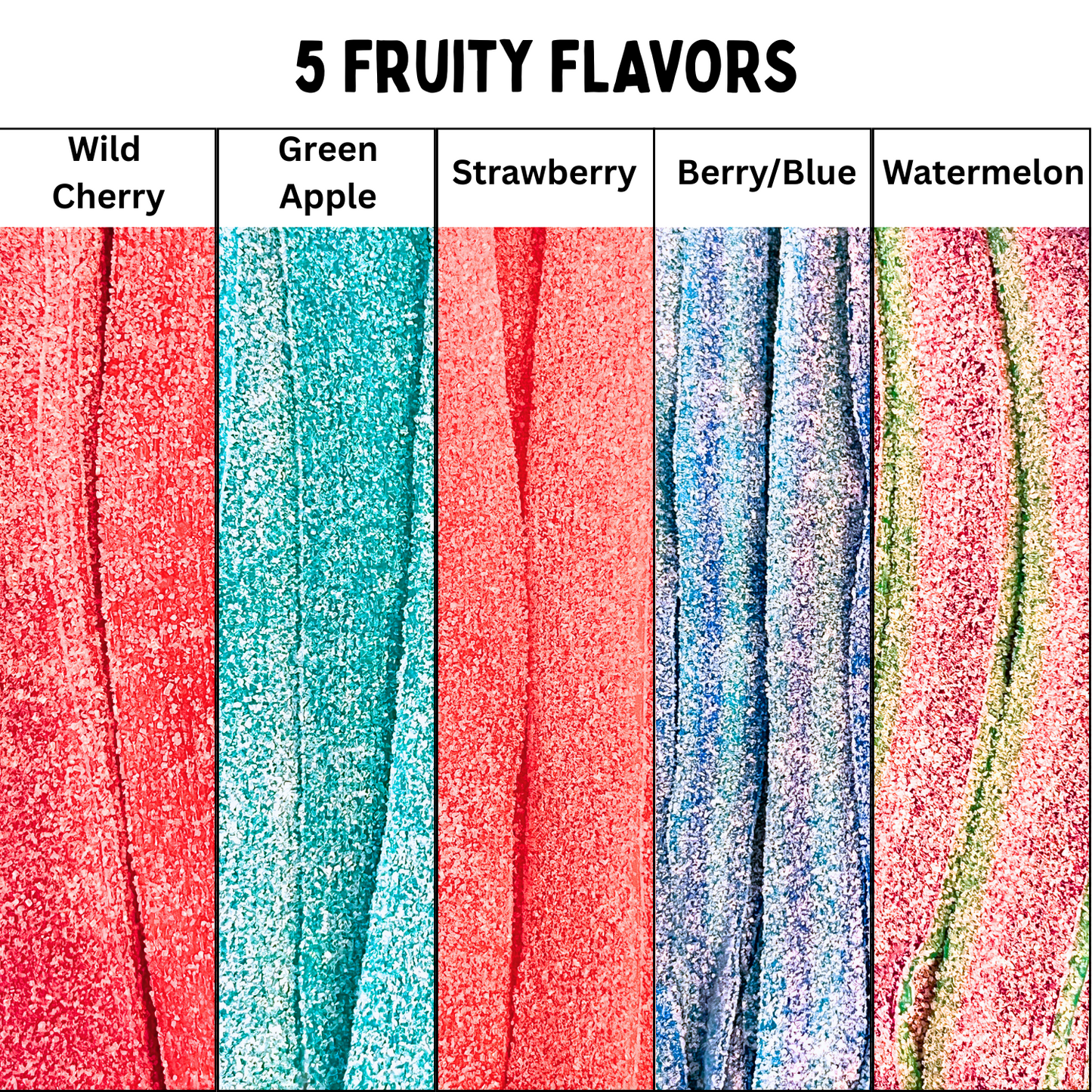 Sour Belt Candy 5 Fruit Flavor Assortment (1LB) - Green Apple, Strawberry, Wild Cherry, Watermelon, Berry/Blue