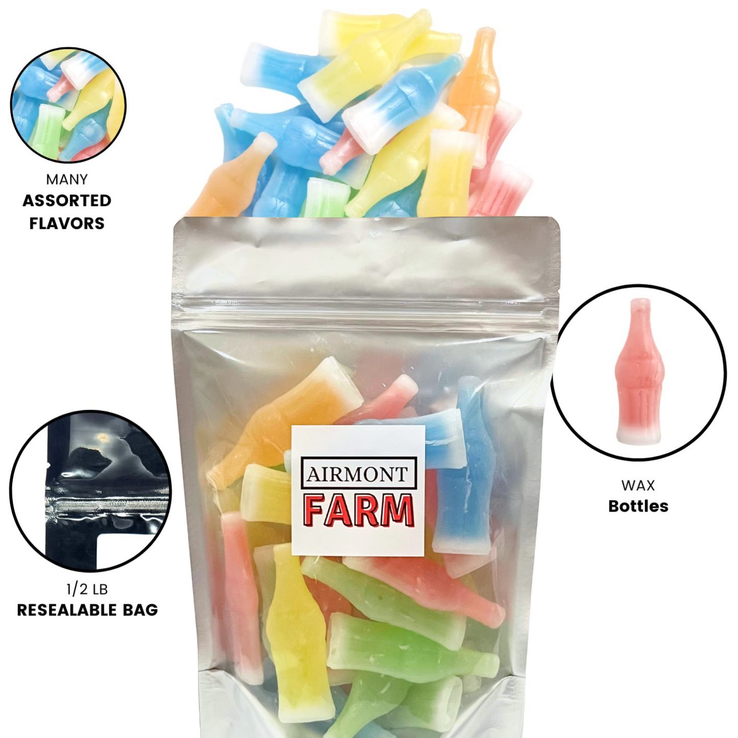 Airmont Farms Wax Bottle Candy (Cherry, Orange, Lemon, Blue Raspberry, Green Apple) 1/2 LB